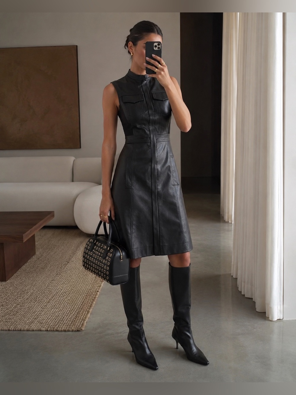 BCBG Max Azria Contemporary Faux Leather Midi Dress Black XXS